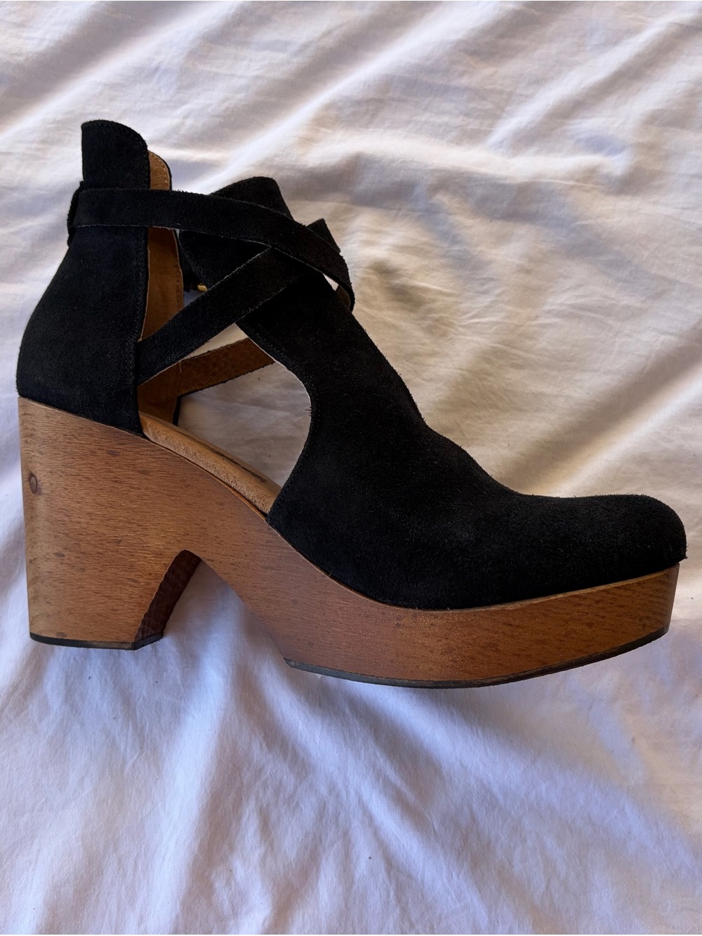 Free People NWOT Black Suede Platform Clog Heels Wooden Sole Sz 40